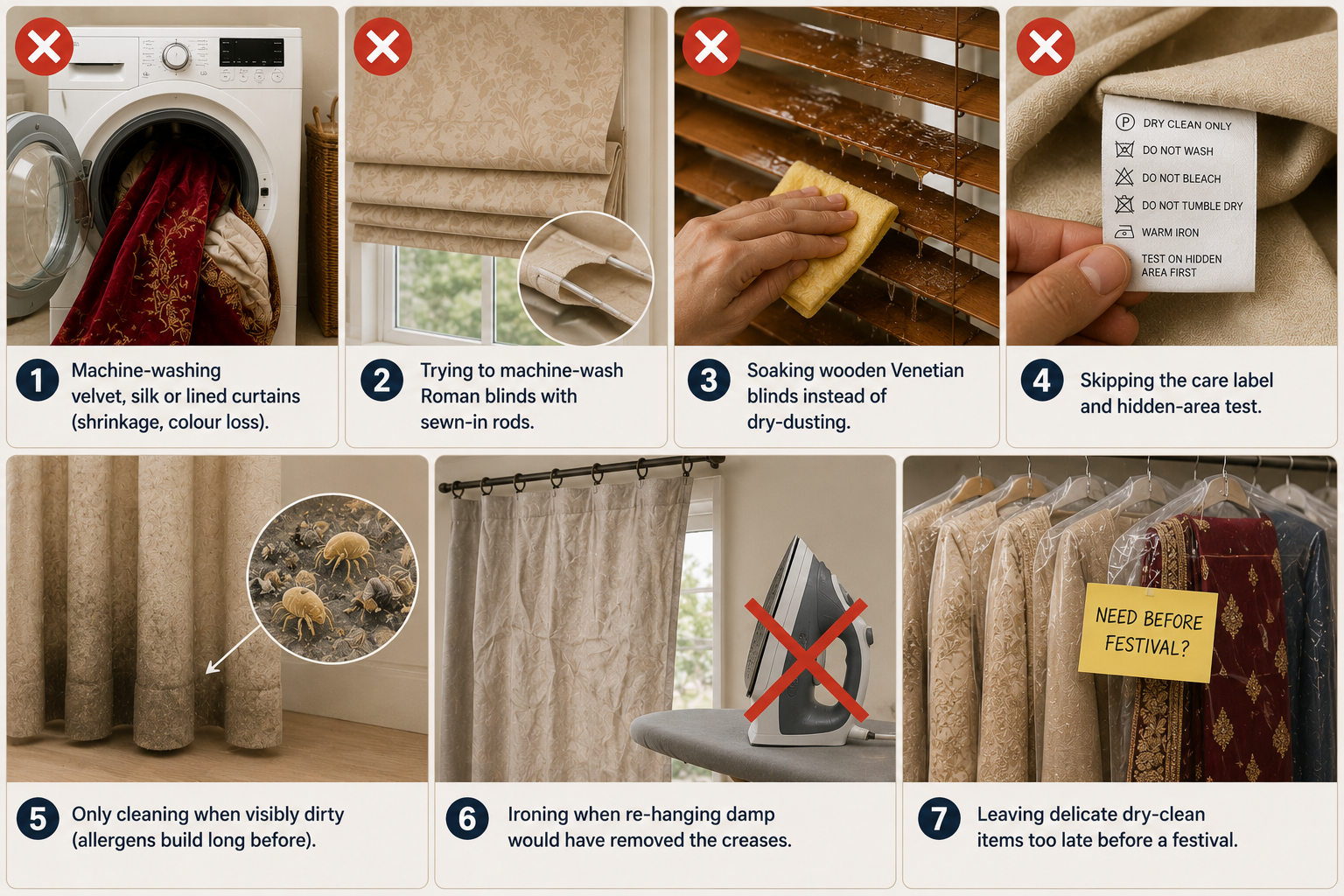 Infographic showing seven common curtain and blind cleaning mistakes, including washing delicate fabrics, soaking wood blinds, skipping care labels and delaying cleaning