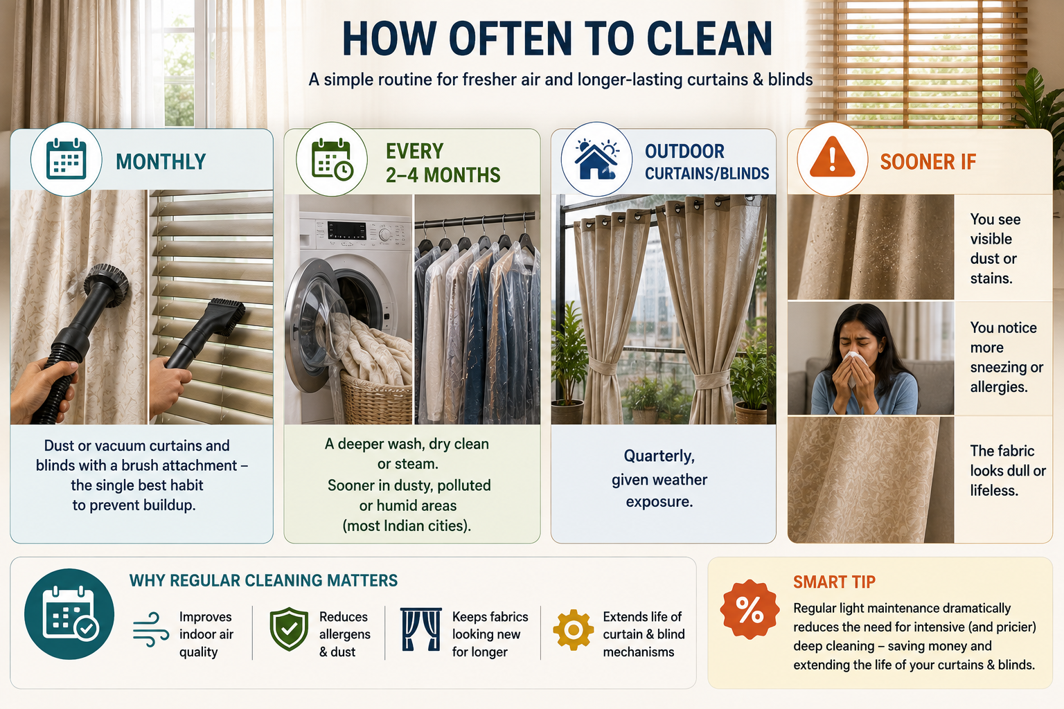 Curtain and blind cleaning schedule showing monthly dusting, deep cleaning every 2–4 months, quarterly outdoor care and signs to clean sooner