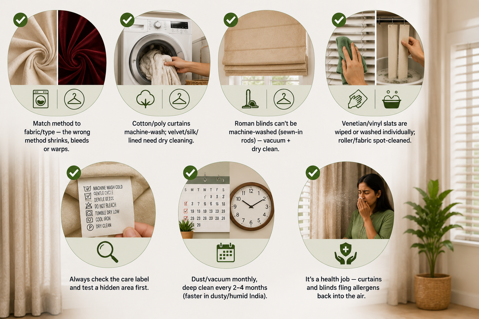 Key curtain and blind cleaning tips covering fabric-specific methods, care labels, cleaning frequency, and reducing dust and allergens in Indian homes