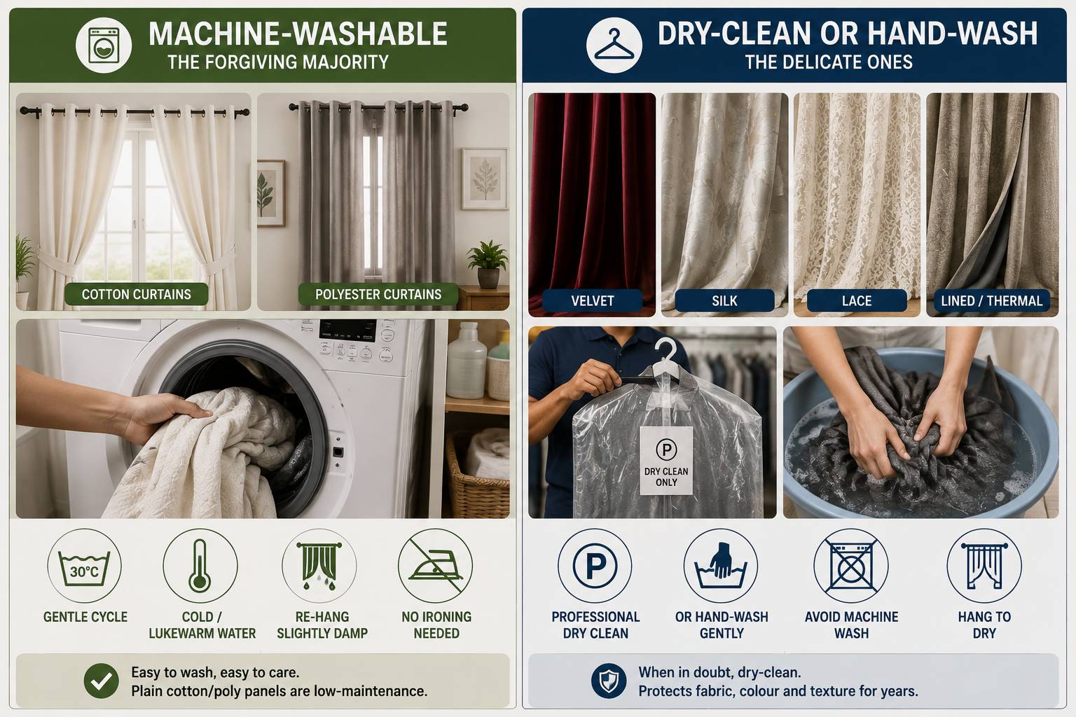 Curtain cleaning guide showing machine-washable cotton and polyester versus delicate velvet, silk, lace and thermal curtains needing dry-cleaning or hand-washing