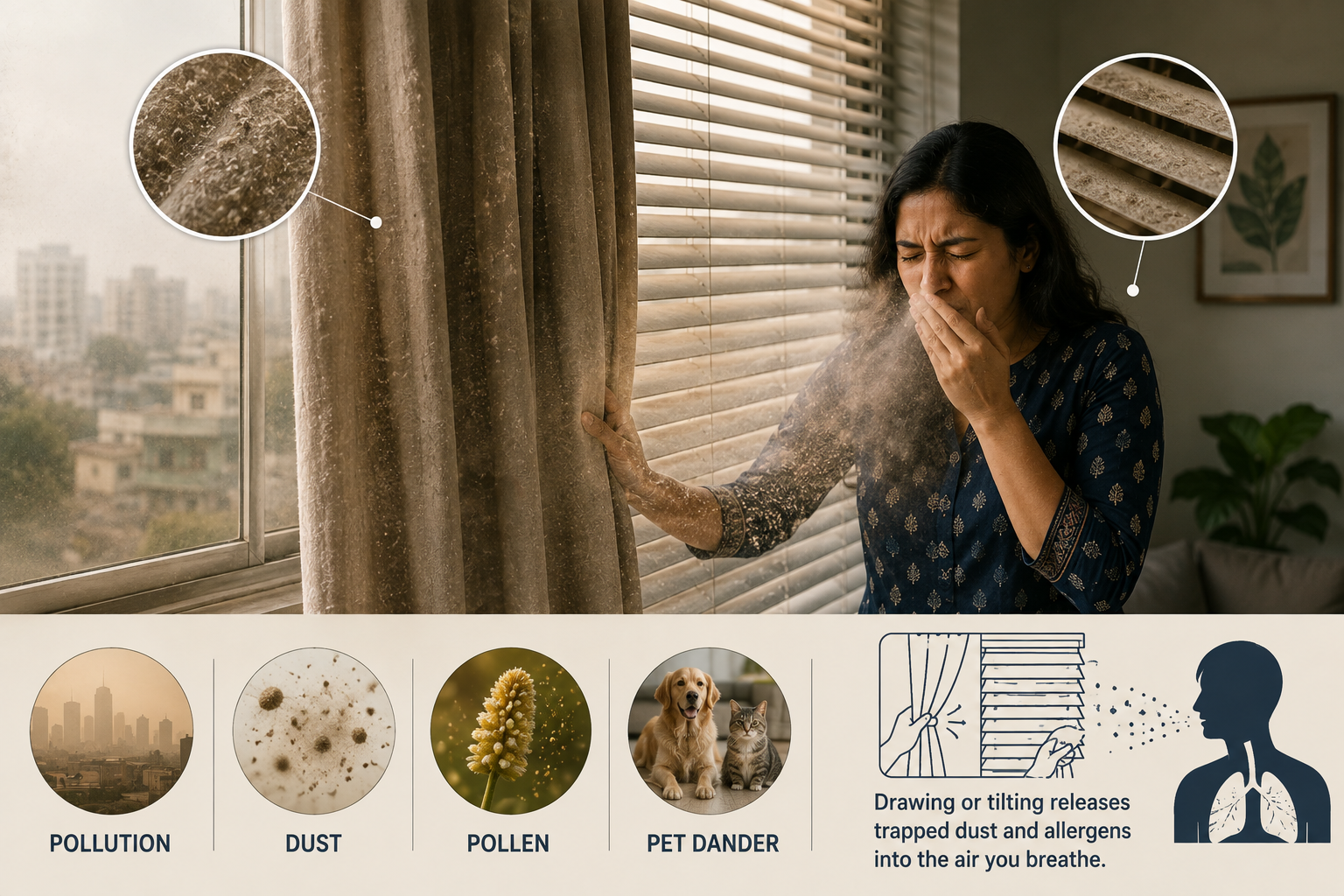 Dusty curtains and blinds in an Indian home showing trapped pollution, dust, pollen and pet dander released into the air when moved