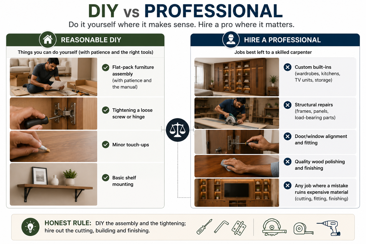 DIY vs professional carpentry guide showing simple tasks homeowners can handle and jobs requiring skilled carpenters for safe, precise results