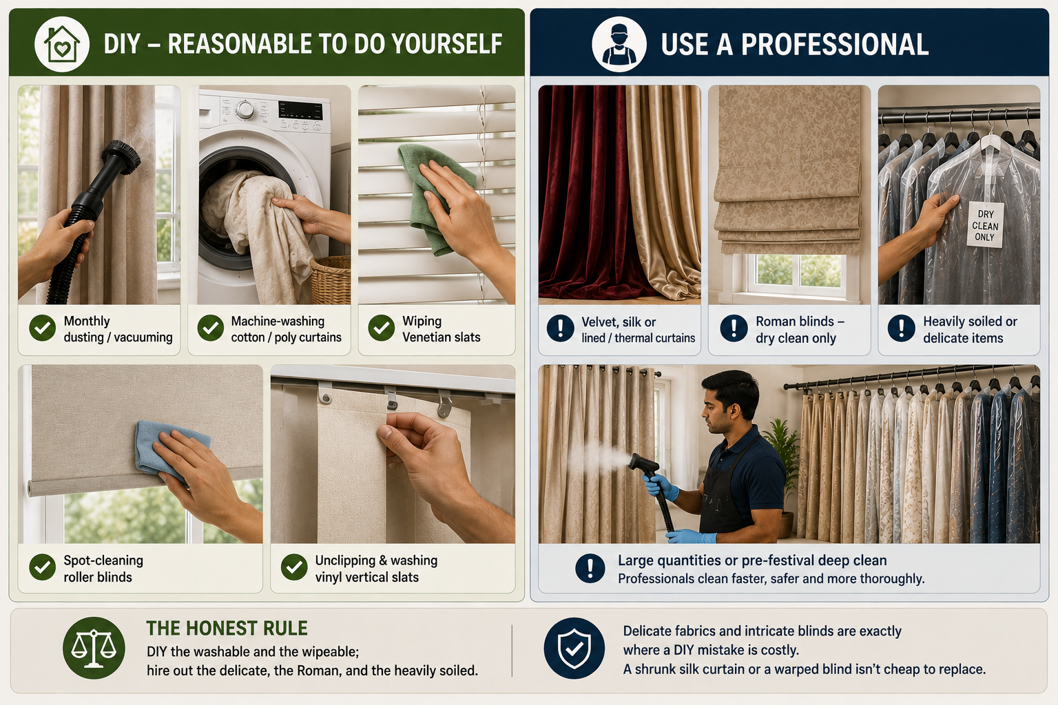 DIY vs professional curtain and blind cleaning guide showing safe home cleaning tasks and delicate fabrics or blinds best handled by professionals