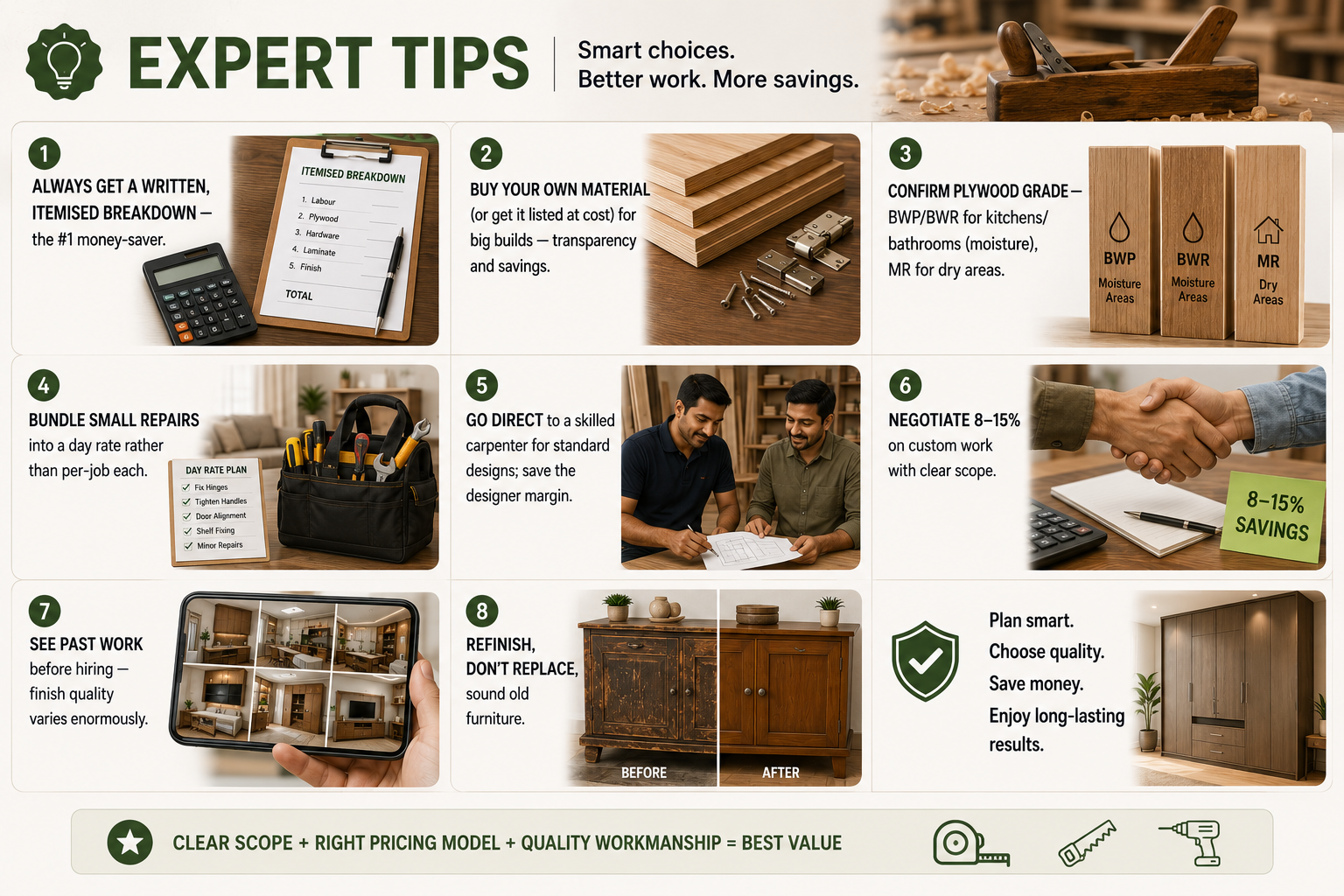 Expert carpentry tips infographic covering quotes, materials, plywood grades, bundled repairs, negotiation, references and furniture refinishing