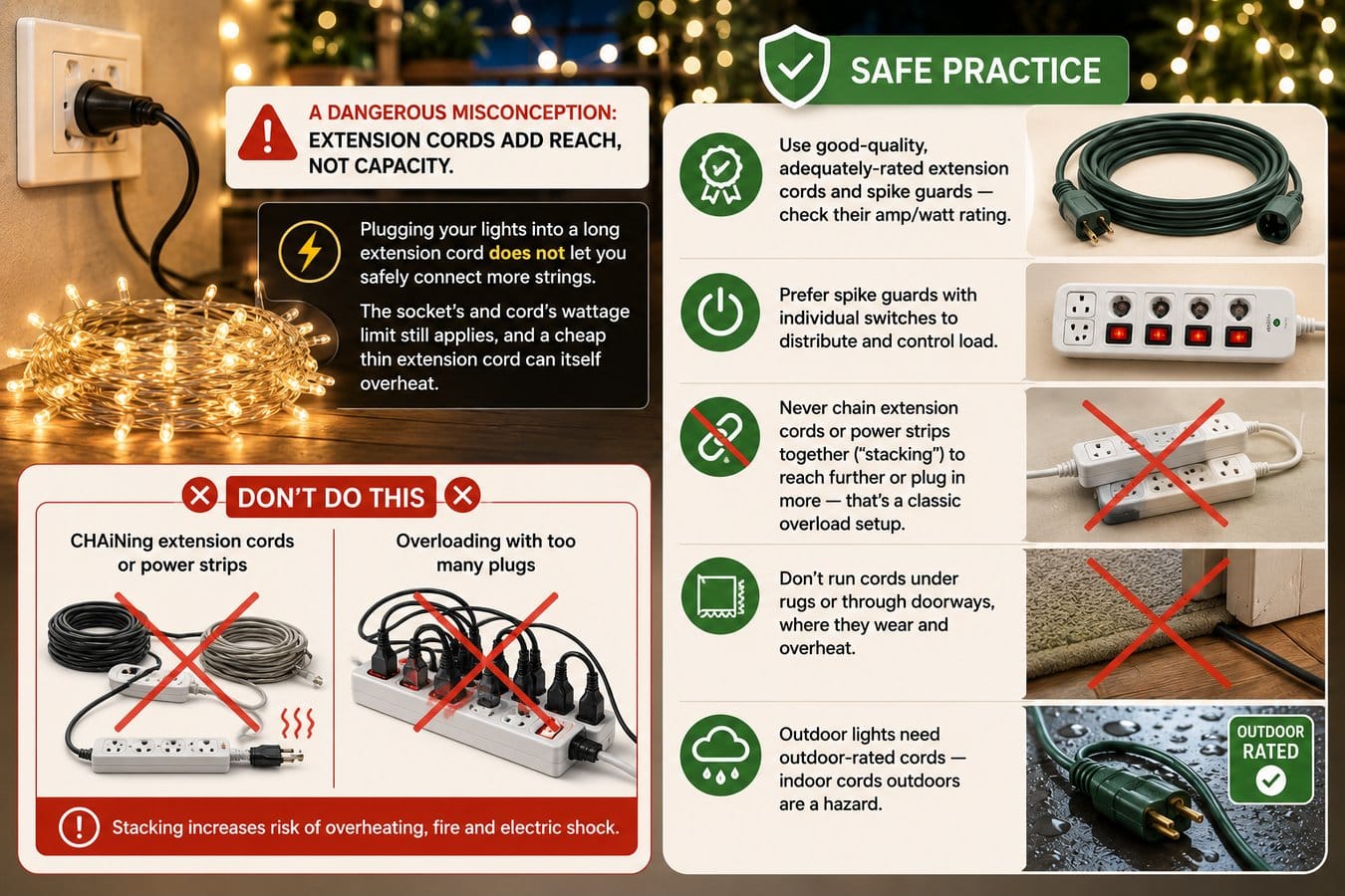 Extension cord and spike guard safety for fairy lights, showing proper ratings, no power-strip stacking, safe routing, and outdoor-rated cords