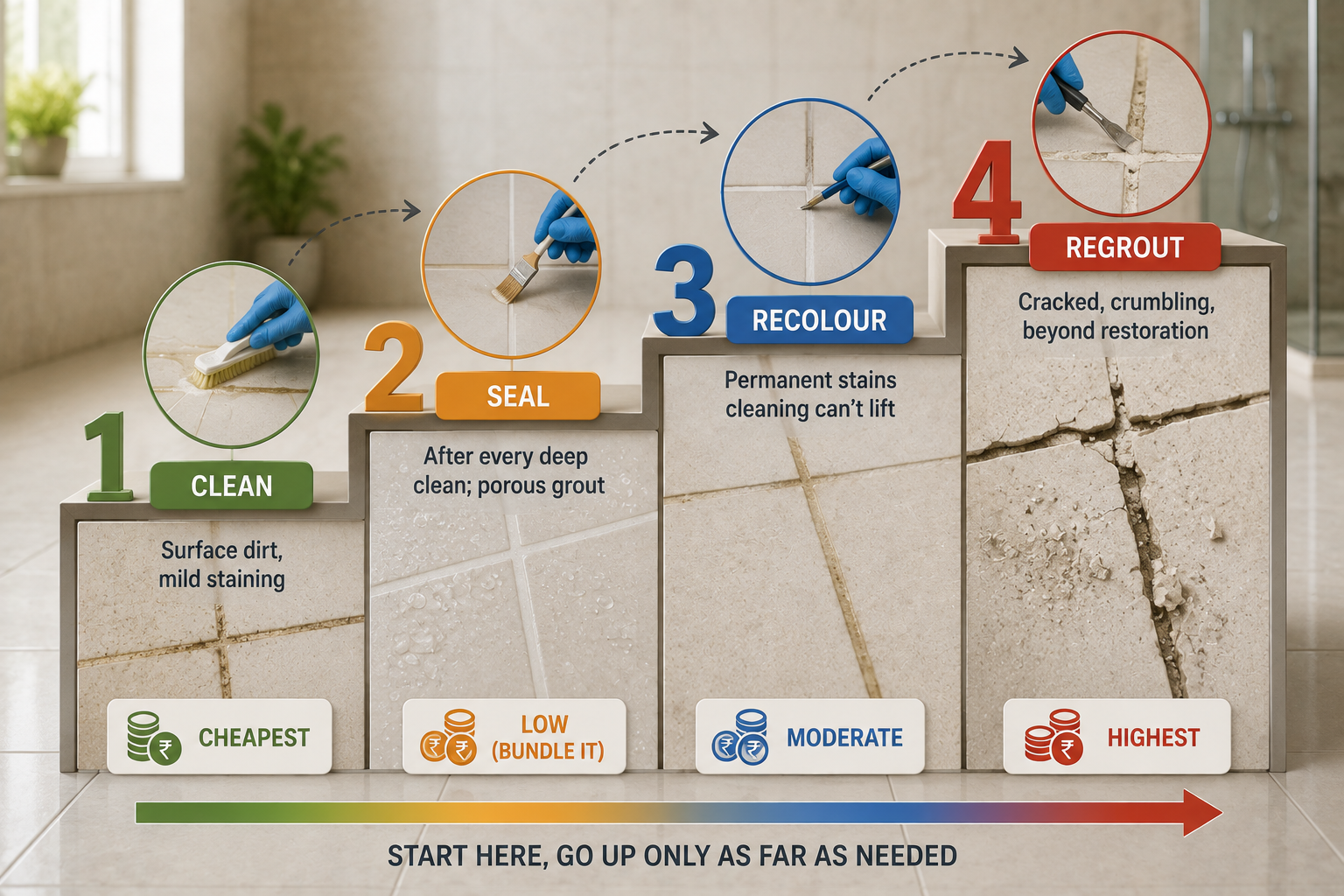 Grout care ladder showing when to clean, seal, recolour or regrout based on staining and damage, from lowest to highest cost