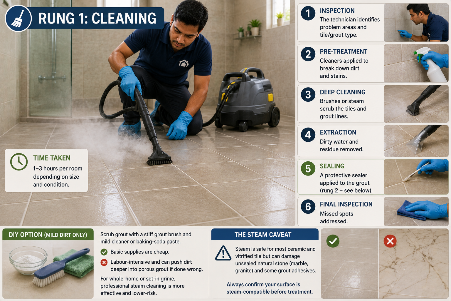 Professional grout cleaning process showing inspection, pre-treatment, steam cleaning, extraction, sealing and final inspection, with DIY and steam-safety guidance