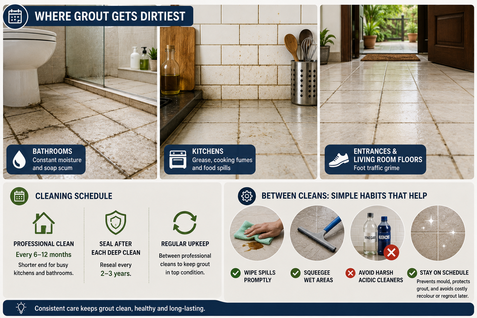 Grout cleaning guide showing the dirtiest areas in Indian homes, 6–12 month professional cleaning, 2–3 year resealing and daily maintenance habits