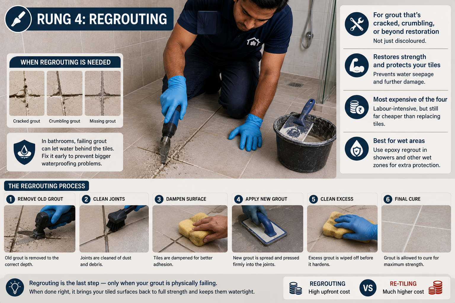 Bathroom regrouting process showing damaged grout removal, joint cleaning, new grout application and curing for cracked or crumbling grout