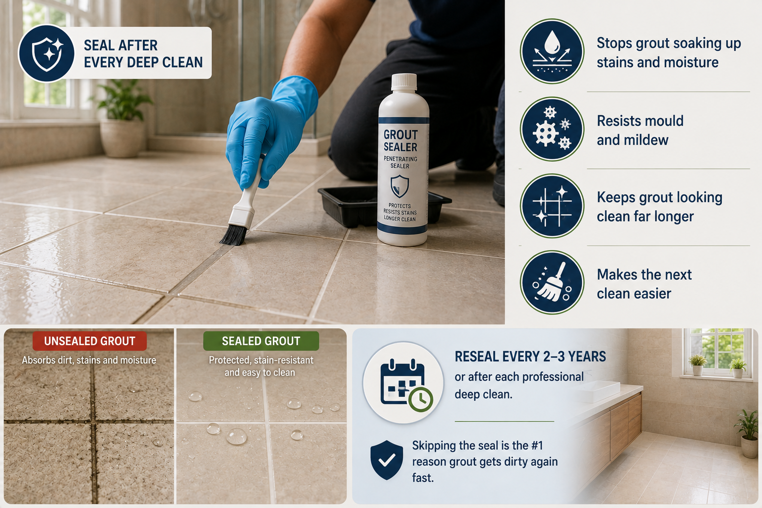 Grout sealing guide showing sealer application, protection from stains and moisture, mould resistance, easier cleaning and resealing every 2–3 years