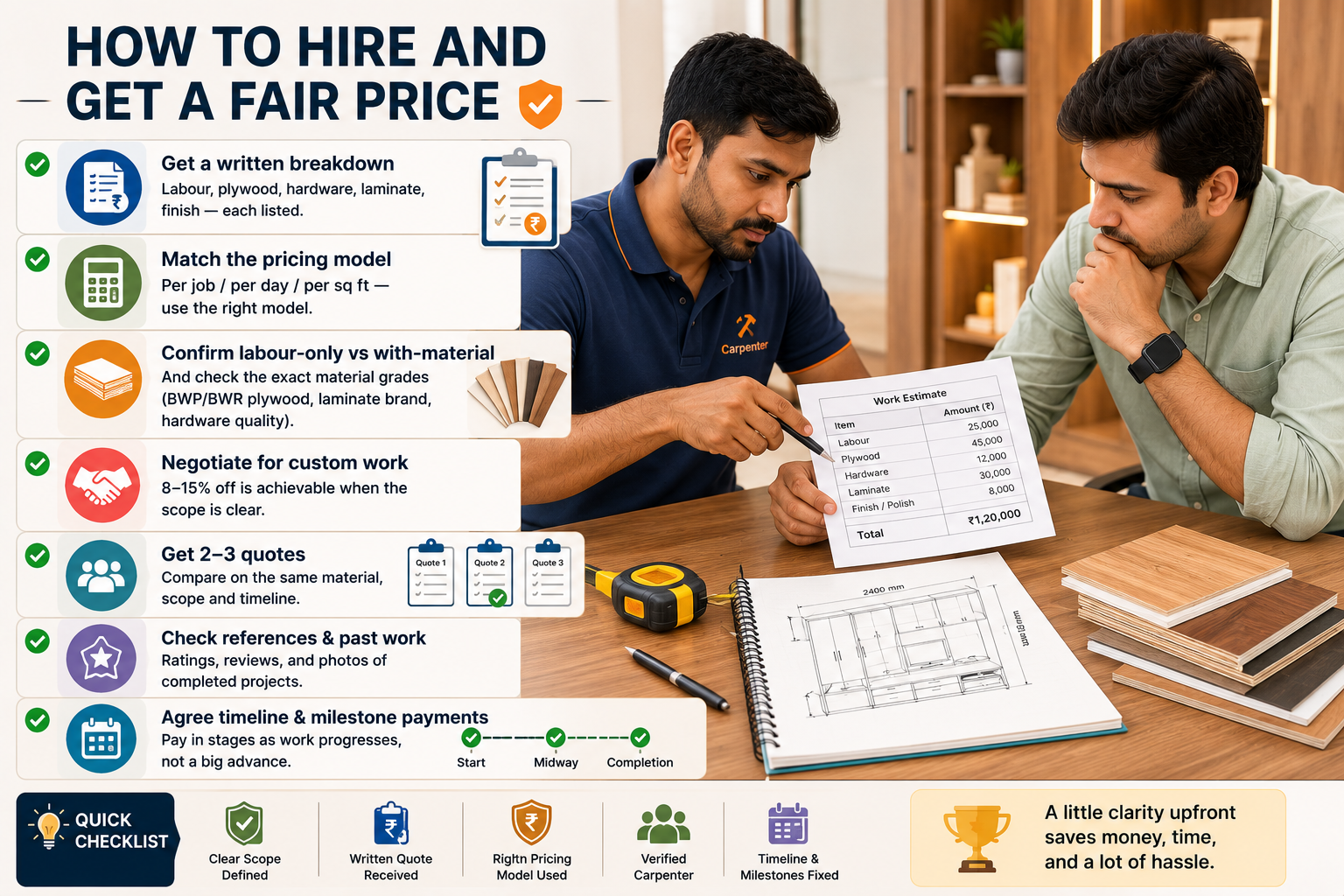 Infographic showing seven ways to hire a carpenter fairly, including written quotes, material checks, price negotiation, references and milestone payments