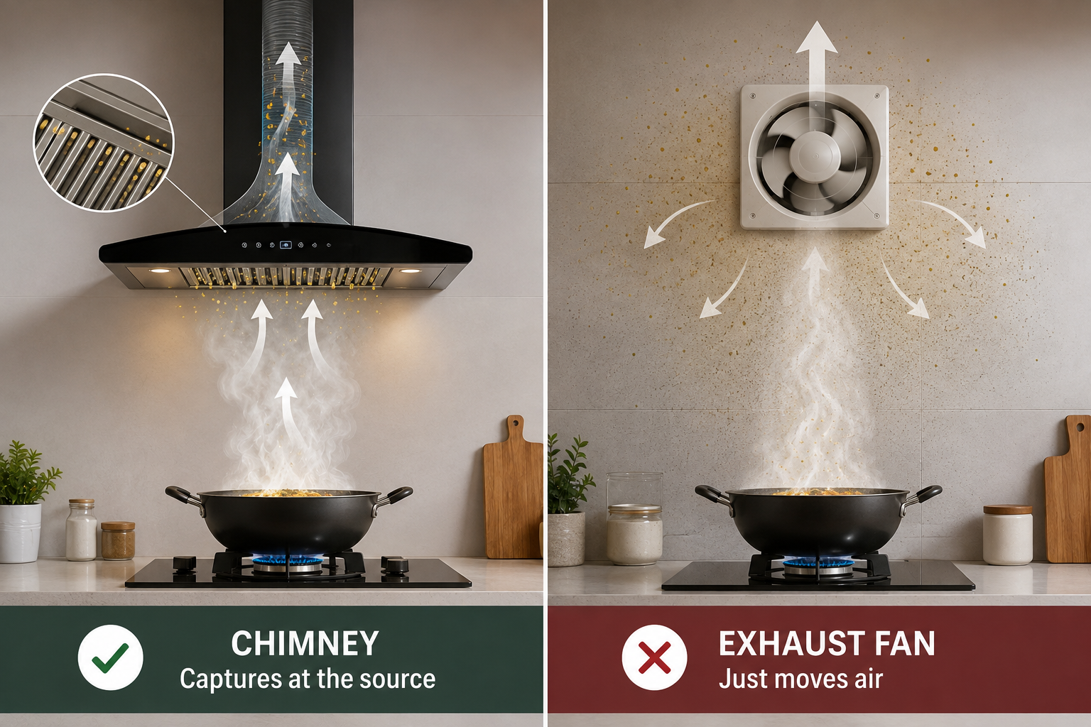 Side-by-side Indian kitchen showing a chimney capturing cooking grease and steam at the source, while an exhaust fan pushes air outward without trapping grease