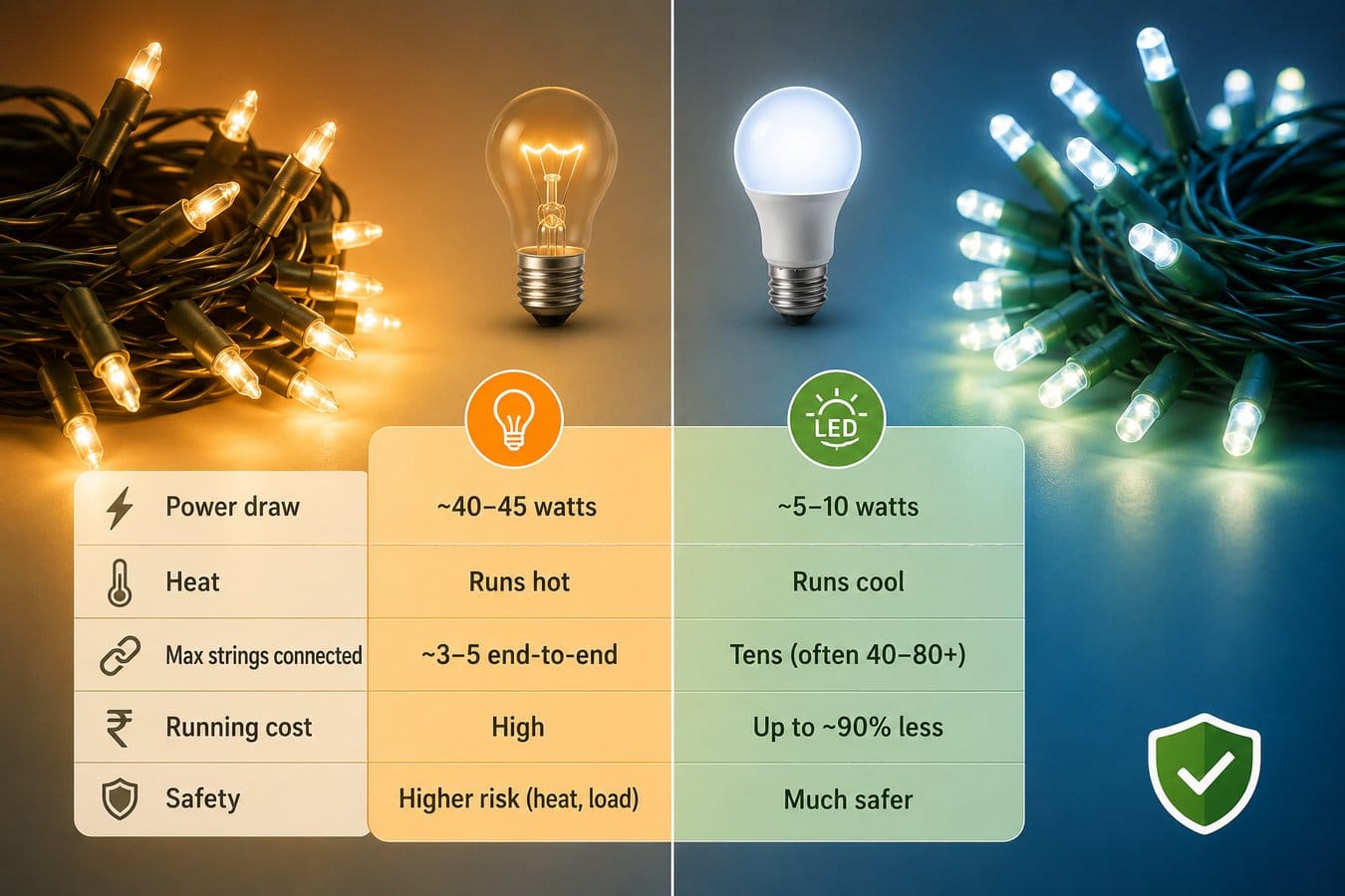 LED vs incandescent fairy lights comparison showing power draw, heat, string capacity, running cost, and safety
