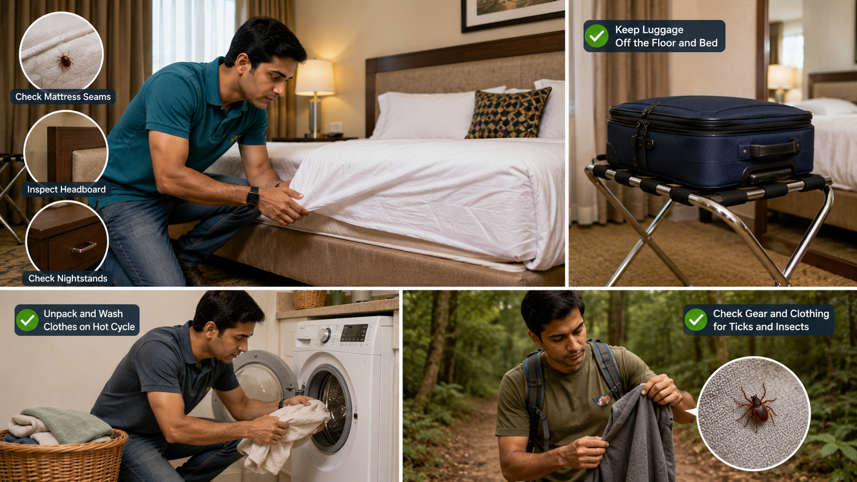 Traveler checks hotel bedding, keeps luggage elevated, washes clothes after returning, and inspects outdoor gear to reduce bed bug and insect risks