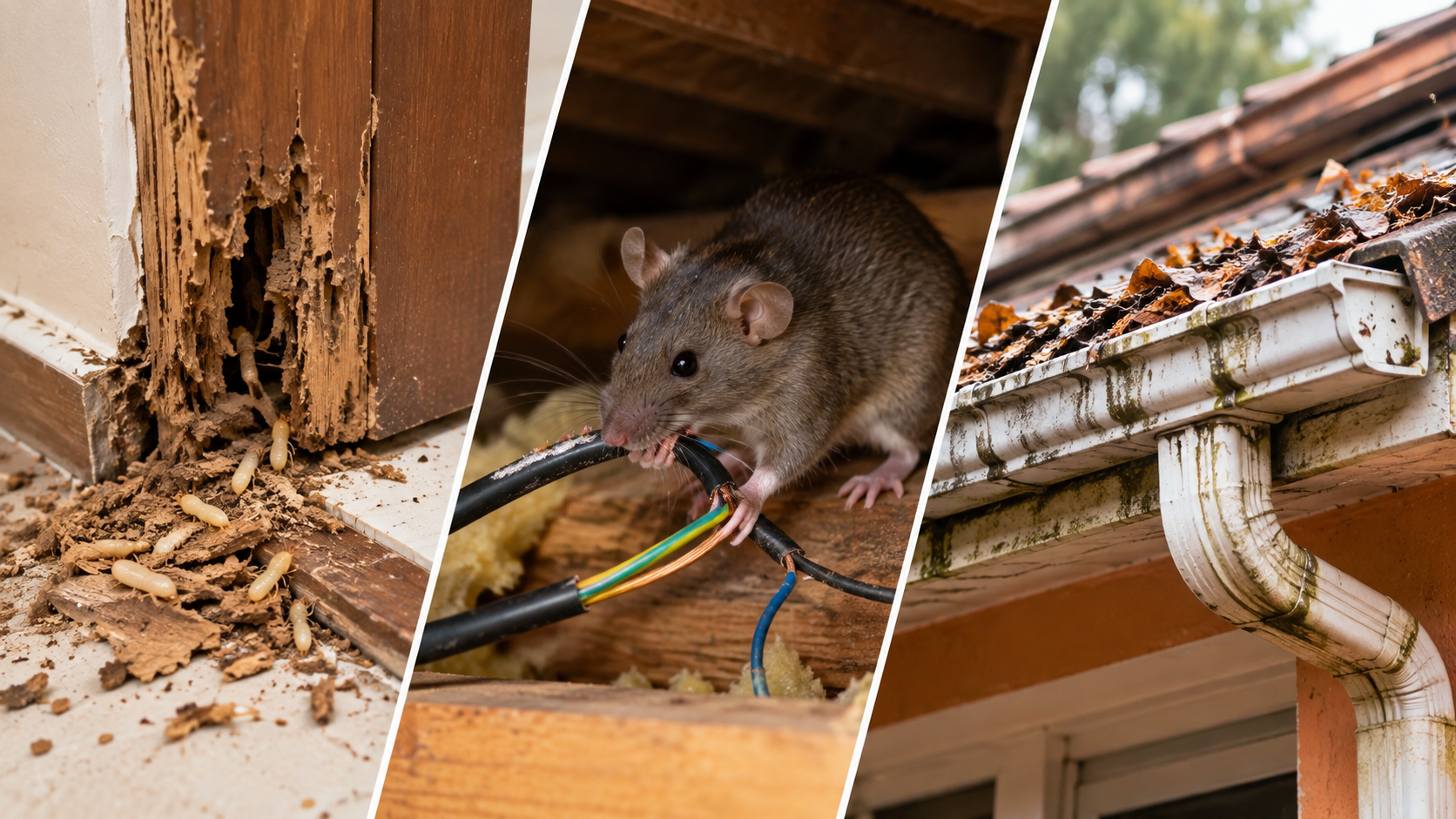 Termite-damaged wood, rodent-chewed electrical wiring, and a clogged gutter show how pest activity and home maintenance issues can cause damage