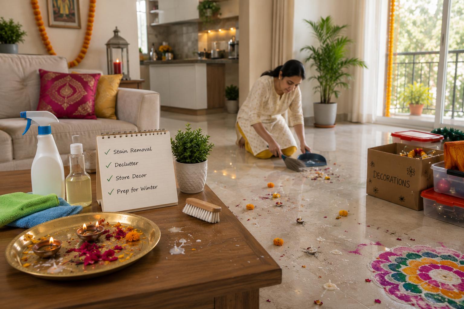 Indian home after Diwali showing cleanup of wax, flower petals and festive debris, with cleaning supplies and decorations being organized for storage