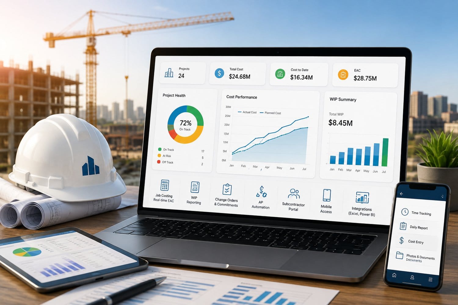 Premier construction accounting dashboard with real-time job costing, WIP reports, AI risk analysis, and project management features.