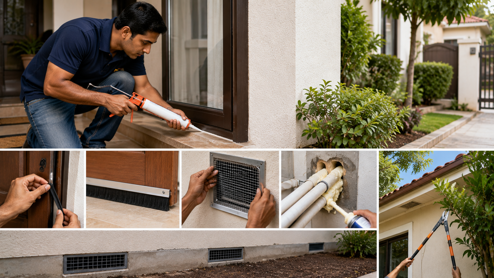 Homeowner seals gaps around windows, doors, vents and utility lines while trimming vegetation to reduce pest entry points around the home