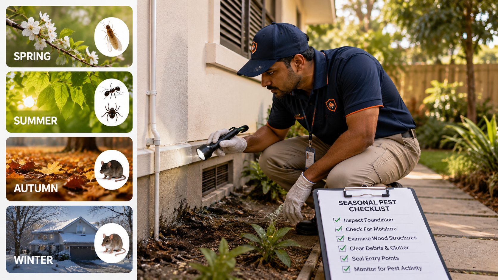 Seasonal pest monitoring shows a homeowner checking the foundation, moisture, entry points, and other areas to prevent pest problems year-round