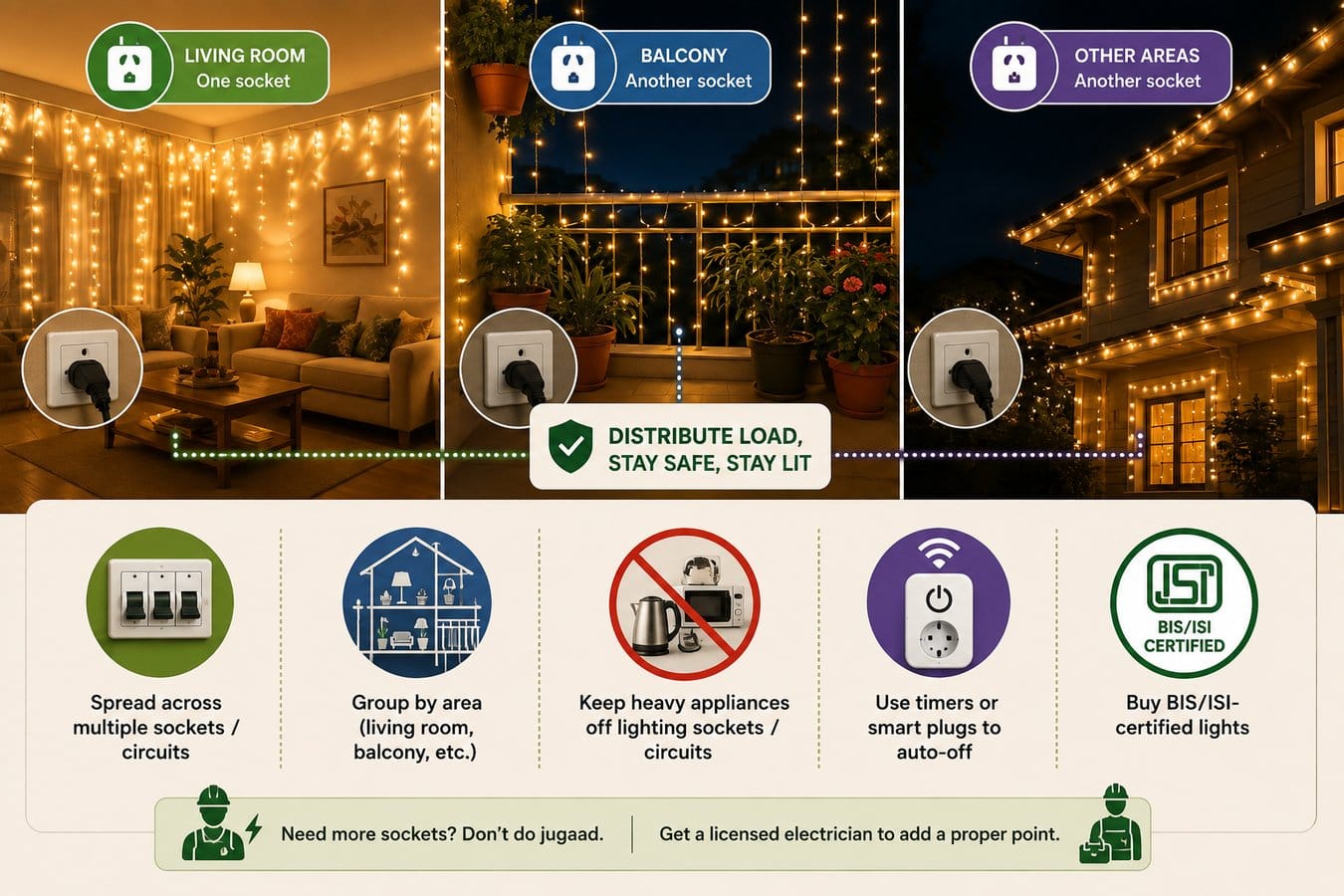 Smart fairy light setup showing load distribution across sockets, separate areas, timers, BIS/ISI-certified lights, and safe electrical practices
