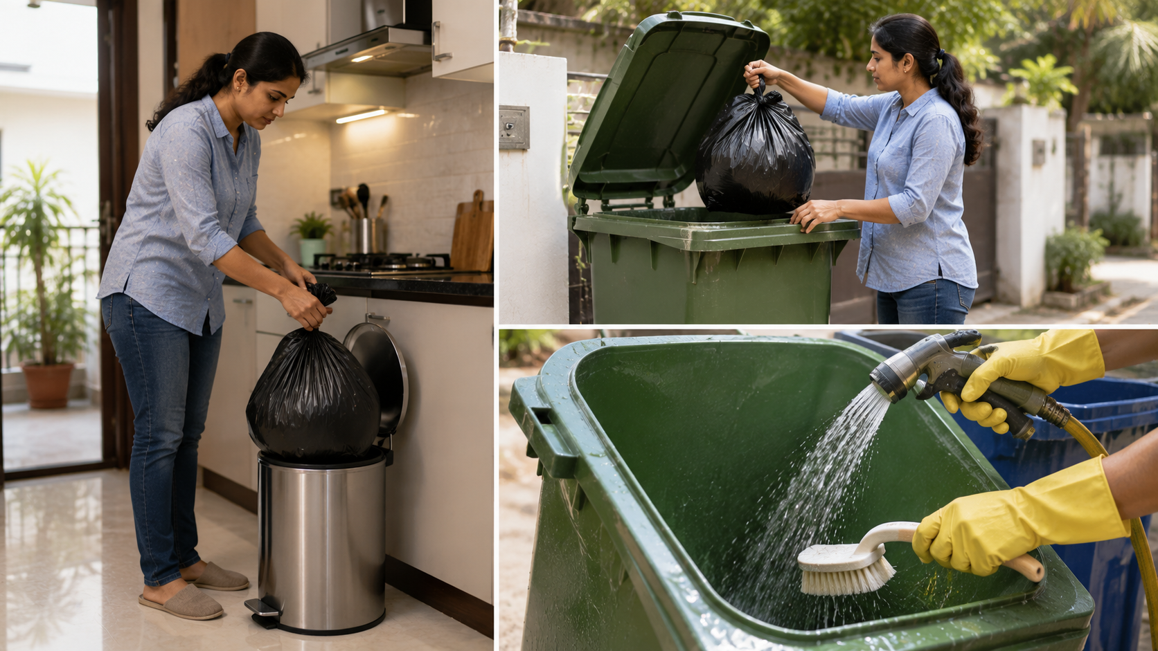 Homeowner takes out indoor and outdoor trash and rinses bins to remove food residue that can attract cockroaches, ants, and rodents