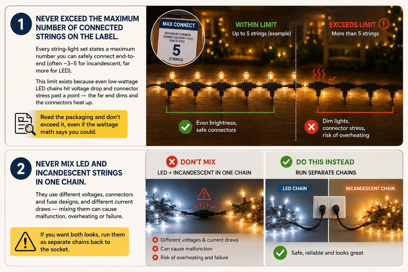 Two hard rules for string lights: follow the maximum connected-string limit and never mix LED with incandescent strings