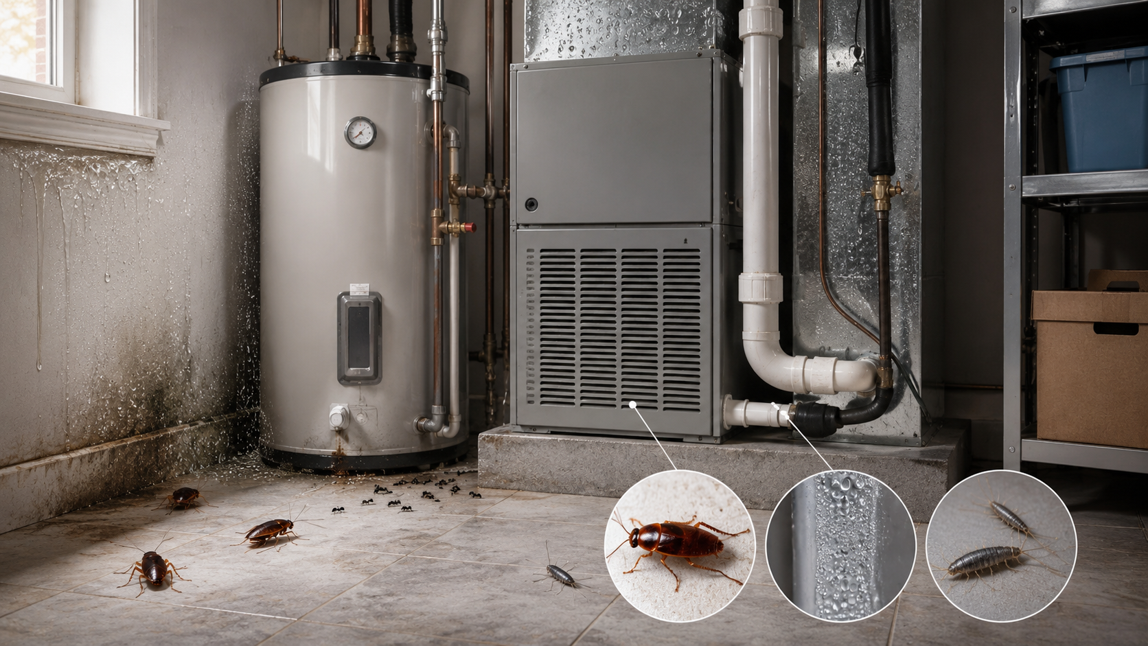 Cockroaches and silverfish around a damp water heater and HVAC unit, showing how heat and moisture in utility areas can attract pests