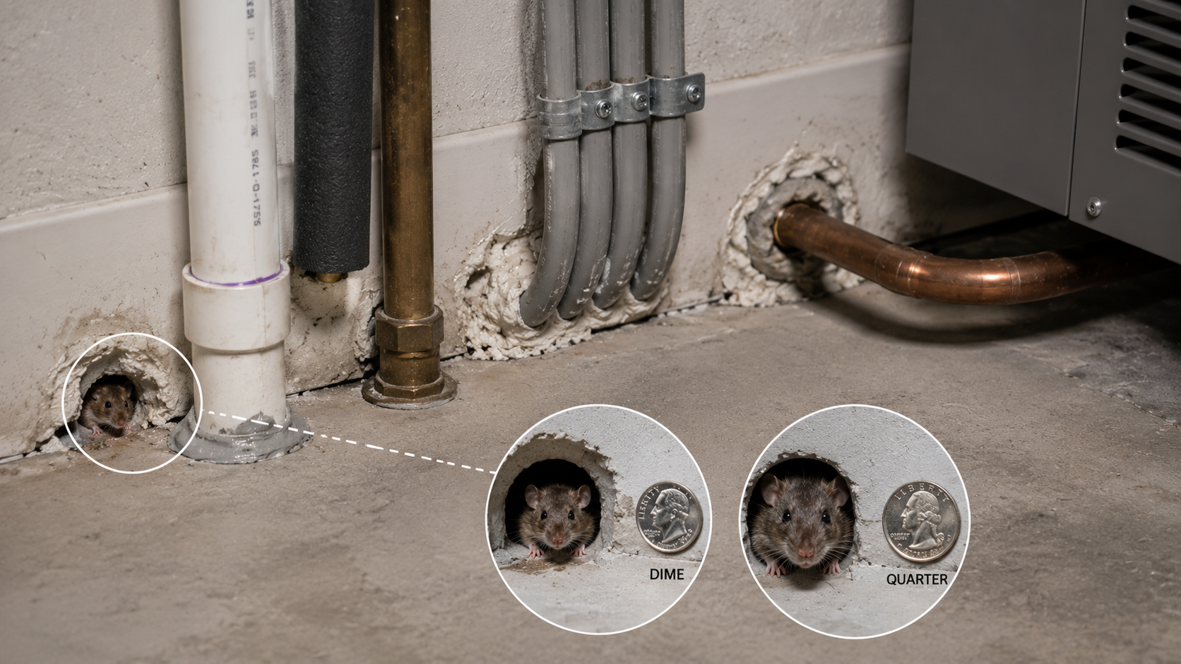 Small rodent entering through an unsealed utility wall gap around pipes, illustrating how structural penetrations can create pest entry points