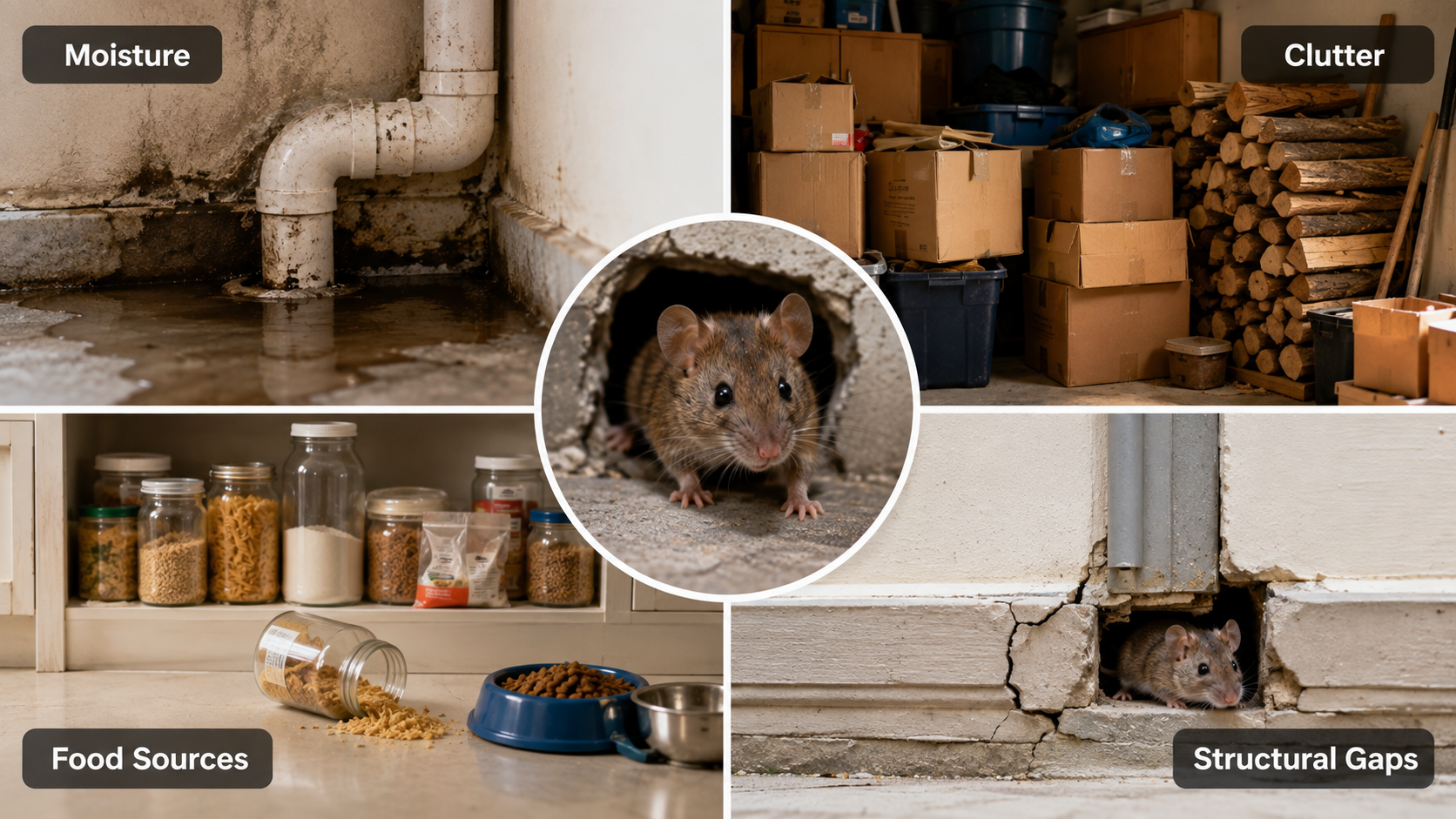 Four common pest attractants in homes: moisture, clutter, exposed food sources, and structural gaps that provide shelter and entry points