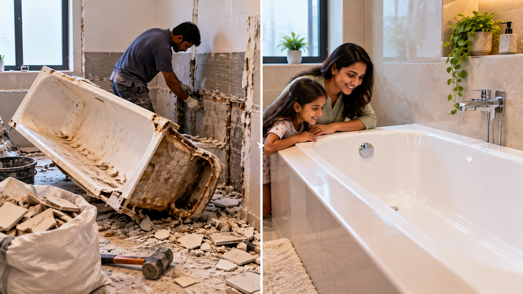 Before-and-after bathtub renovation showing the time, cost and disruption of tub replacement versus a clean, refinished bathtub.