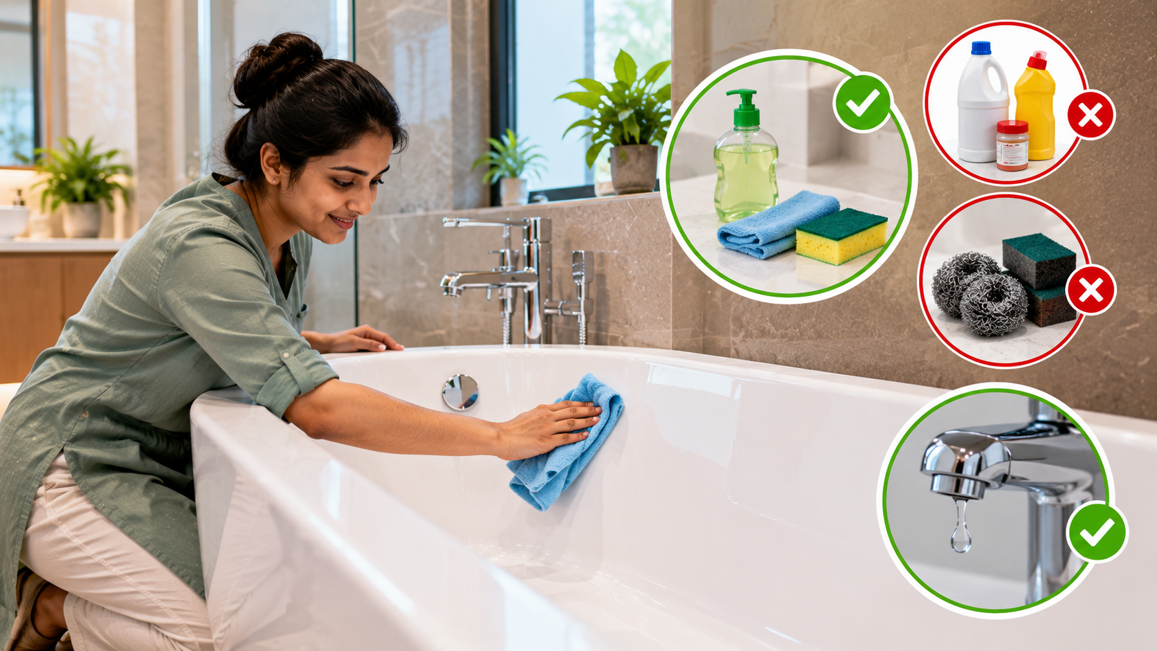 Proper bathtub maintenance using mild soap and a microfiber cloth, while avoiding abrasive cleaners and repairing a dripping faucet to protect the finish.