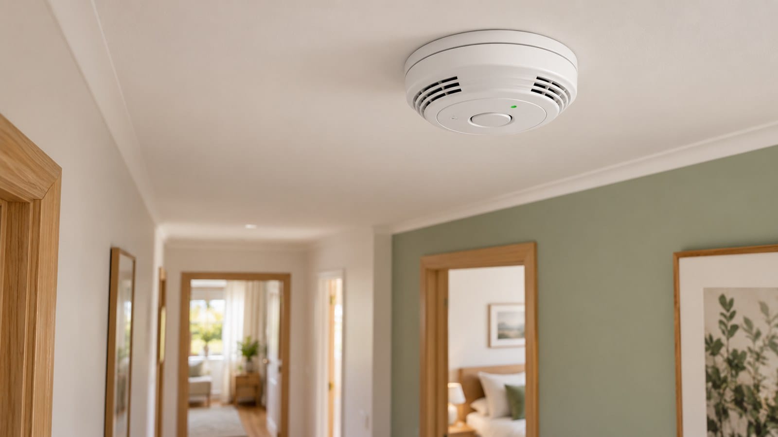 Ceiling-mounted smoke alarm in a Bunbury home hallway, with a visible test button and green status light