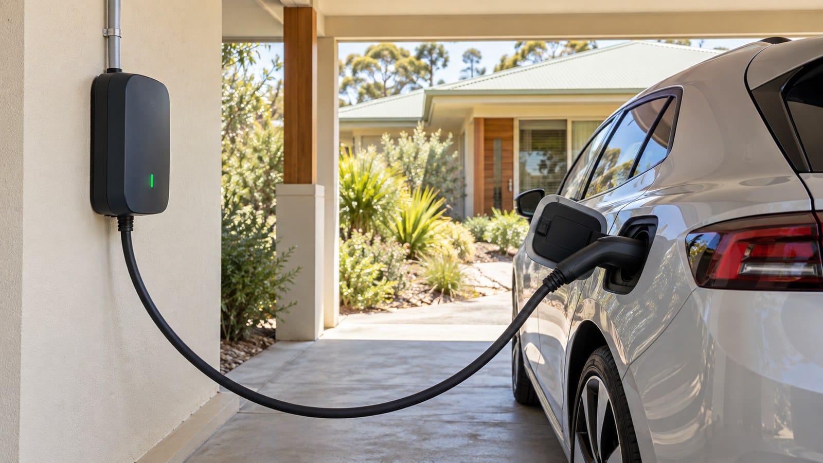 Electric car connected to a wall-mounted home EV charger in a sunny Bunbury carport, illustrating residential charging