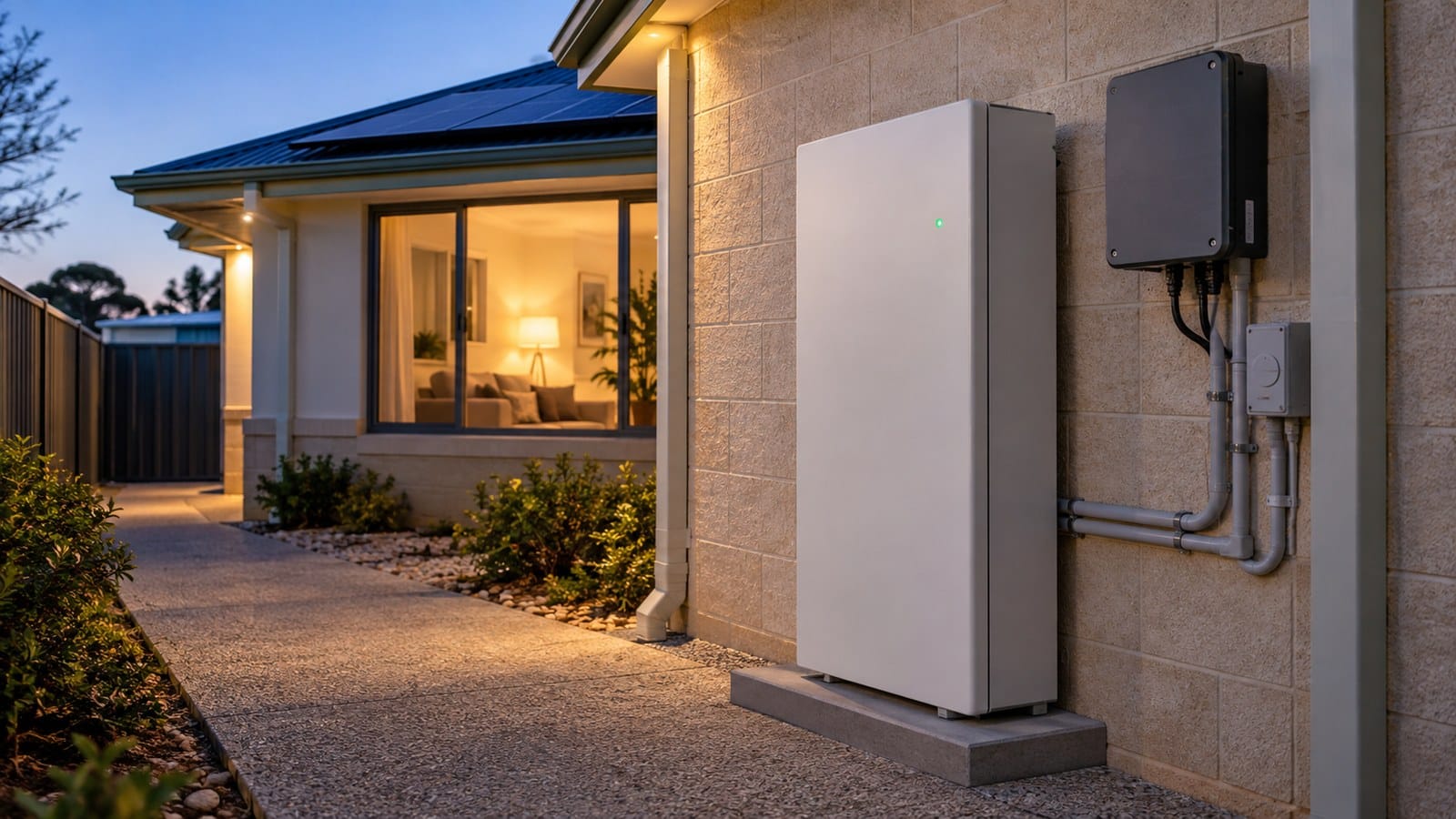 Home solar battery and inverter beside a Bunbury house at dusk, illustrating stored solar energy for evening electricity use