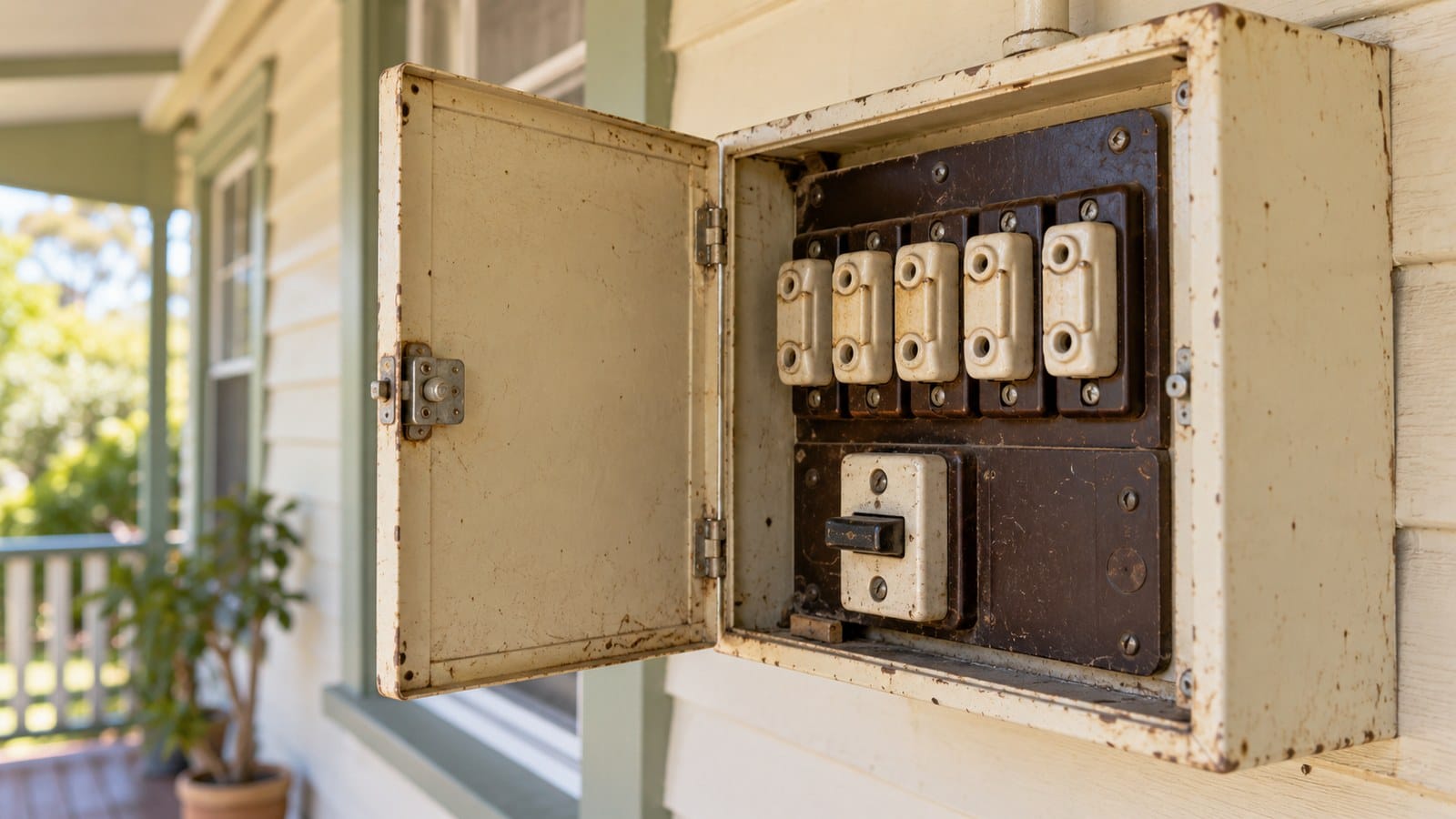 Old ceramic fuse switchboard in a Bunbury home, showing porcelain fuse carriers and a main switch without modern RCD protection