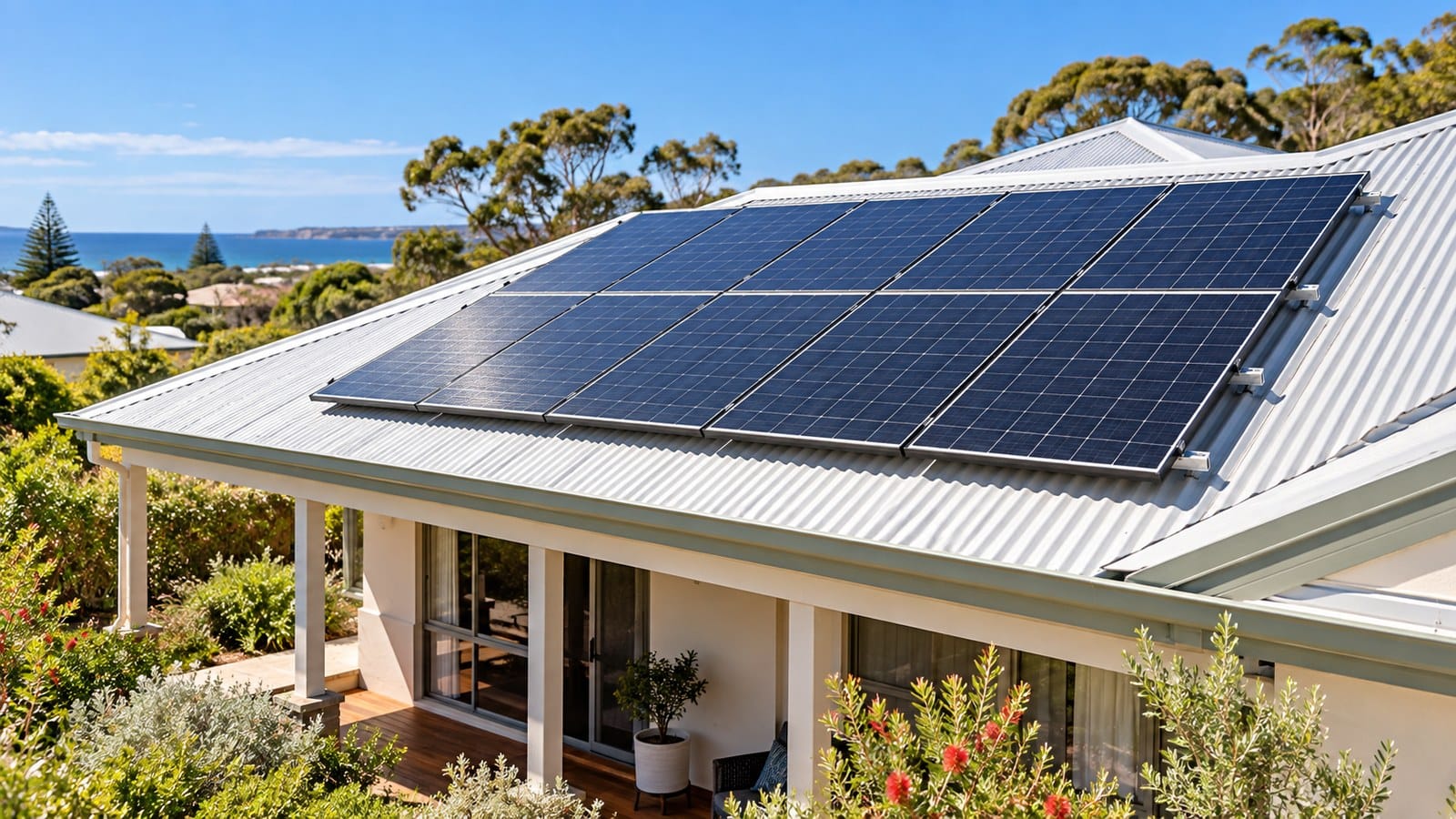 Rooftop solar panels in bright midday sunshine on a coastal Bunbury home, illustrating daytime solar power generation