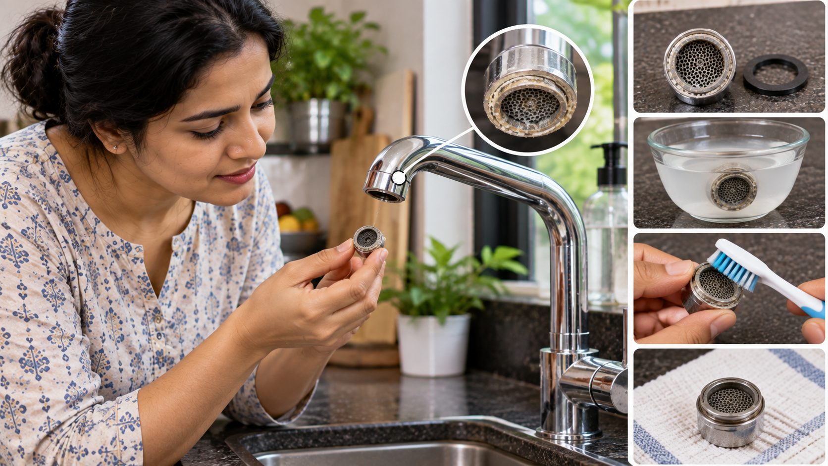 Woman removing a mineral-coated kitchen faucet aerator, soaking it in vinegar and cleaning it with a toothbrush to restore water flow.