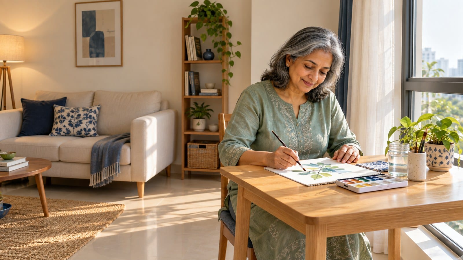 Older Indian woman enjoying watercolor painting in a compact, uncluttered home, illustrating the lifestyle benefits of downsizing.