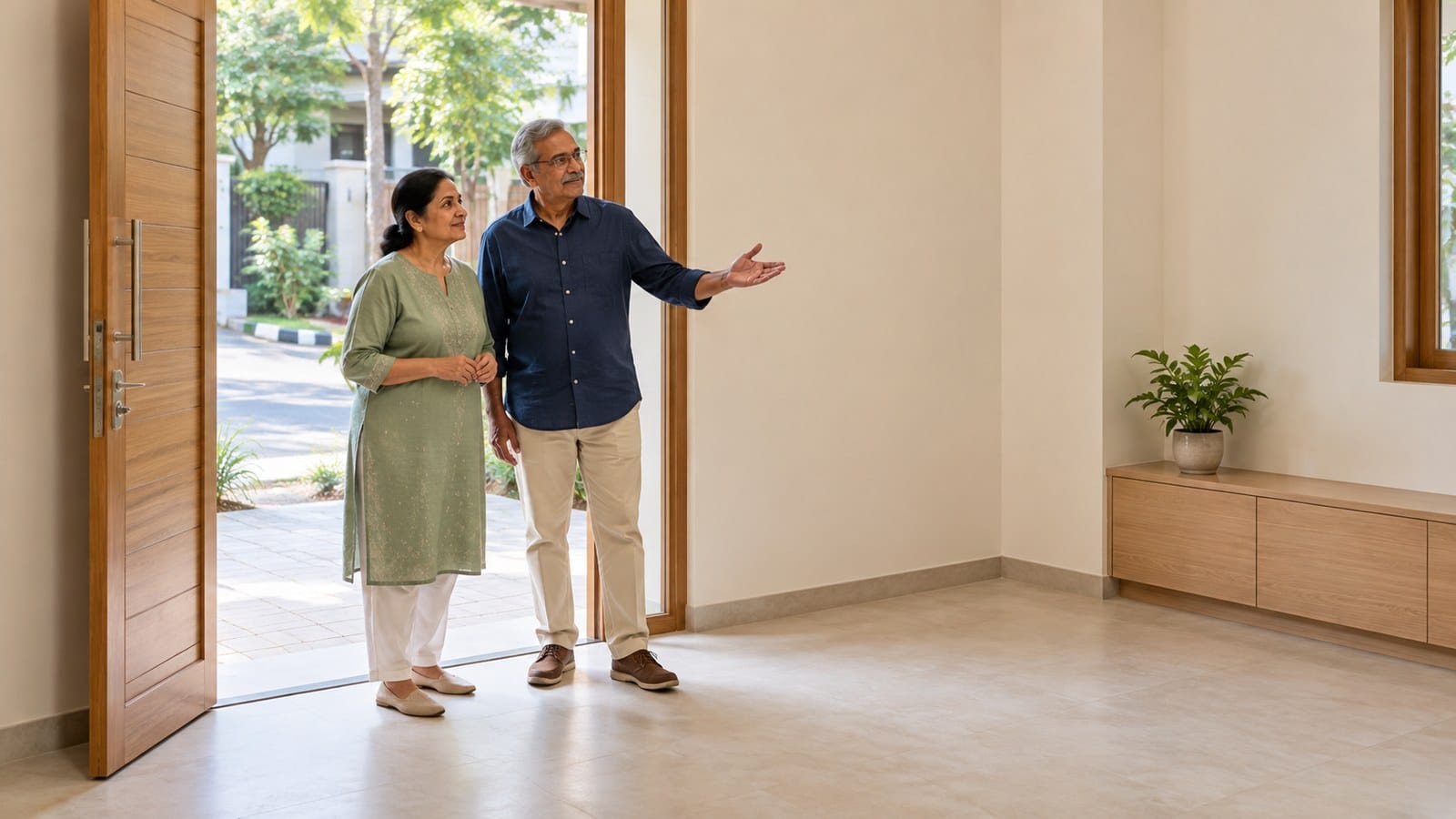 Older Indian couple viewing a smaller home with a wide doorway and step-free entrance, considering an accessible layout for downsizing