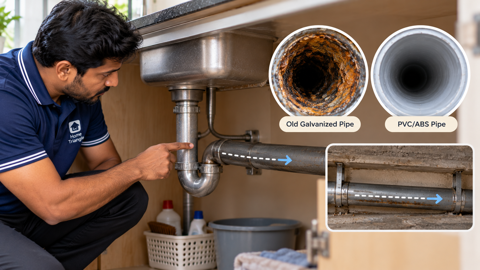 Plumber inspecting an aging drain pipe with poor slope and corrosion, comparing buildup in old galvanized and smoother PVC pipes.