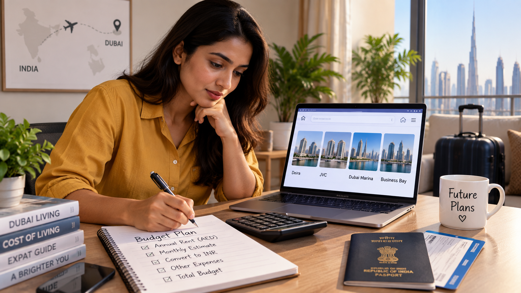 Indian woman planning a Dubai apartment rental budget in dirhams, comparing annual rents and monthly costs before relocating from India.