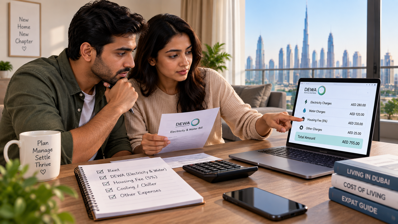 Indian couple reviewing DEWA, 5% housing fee and cooling costs for a Dubai apartment before renting.