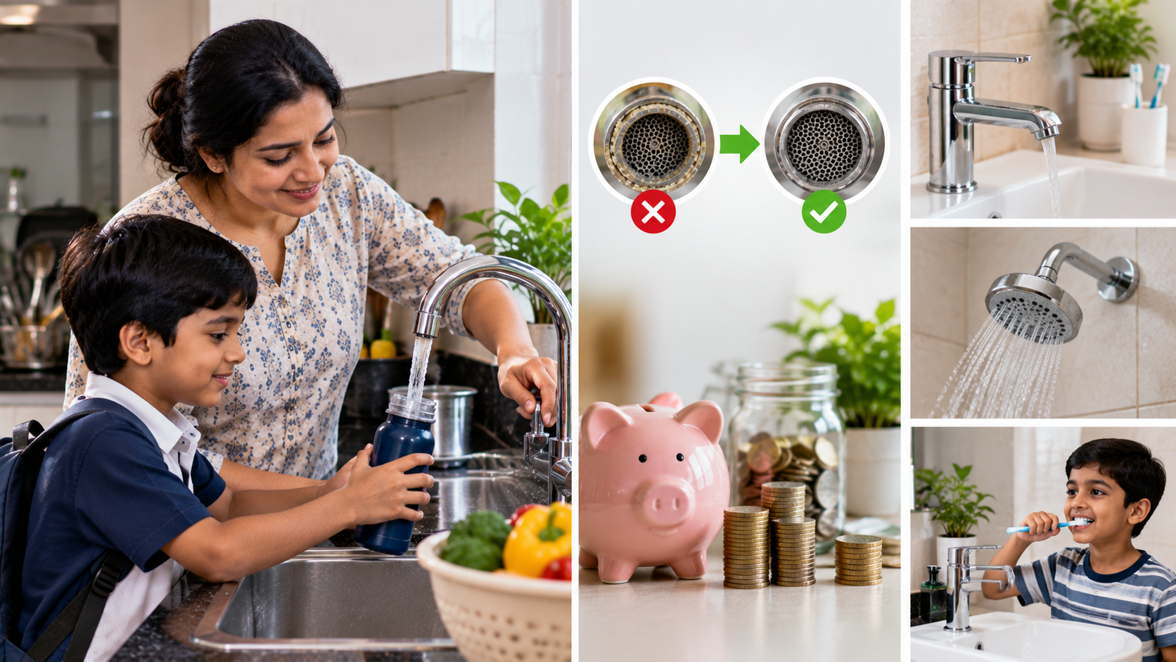Indian family maintaining kitchen and bathroom taps with clean aerators to improve water flow, reduce waste and save on household water bills.