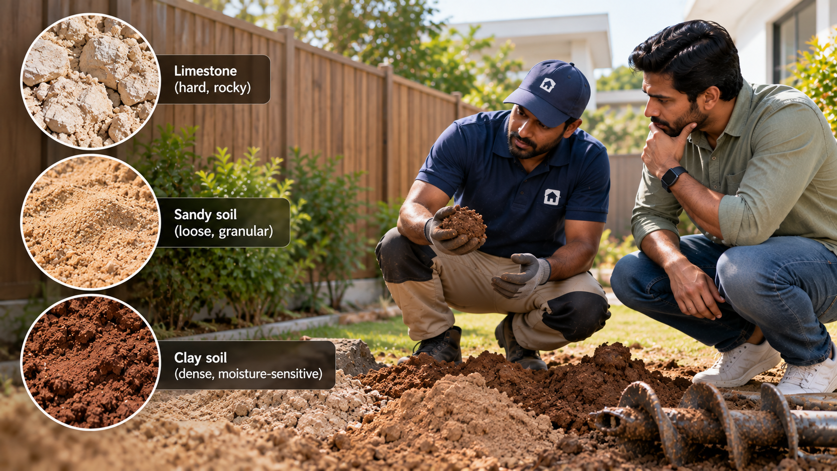 Fencing contractor and homeowner examining Perth soil types and how limestone, sand and clay affect fence post installation.