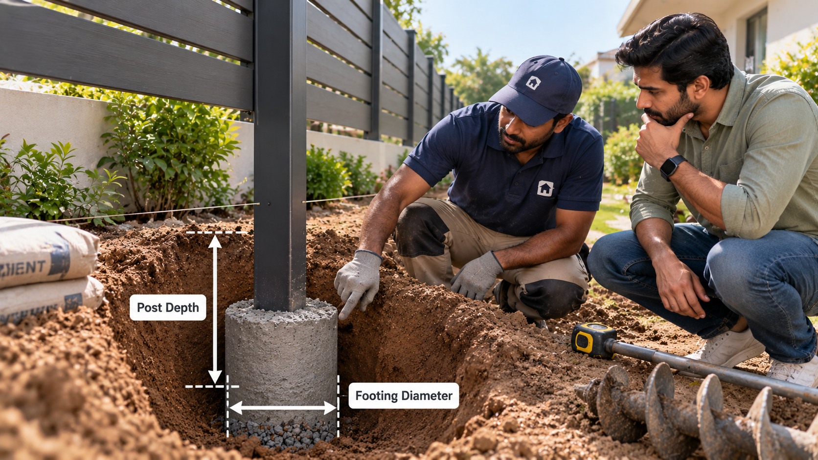 Homeowner and fence installer checking post depth and footing diameter during a residential fence installation.