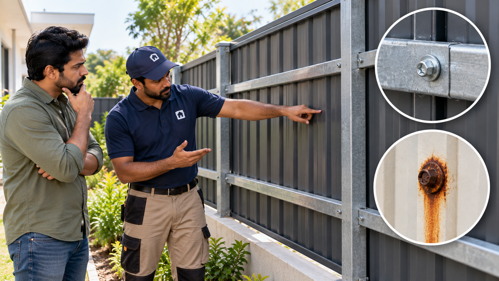 Homeowner and fencing contractor inspecting fence rails and fixings, comparing corrosion-resistant fasteners with rusted screws.