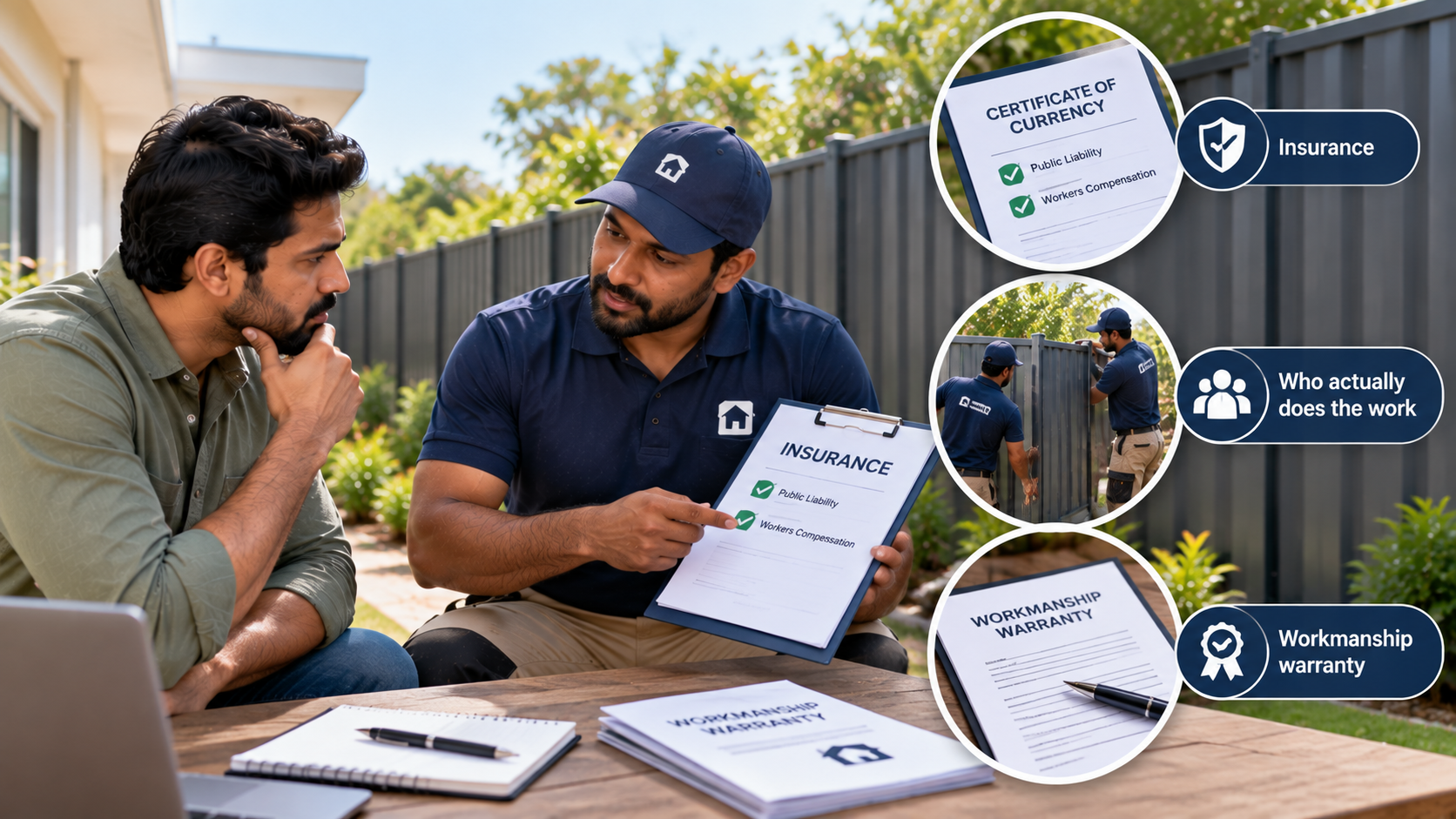 Homeowner reviewing fencing contractor insurance, installation team details and workmanship warranty before approving a fence project.