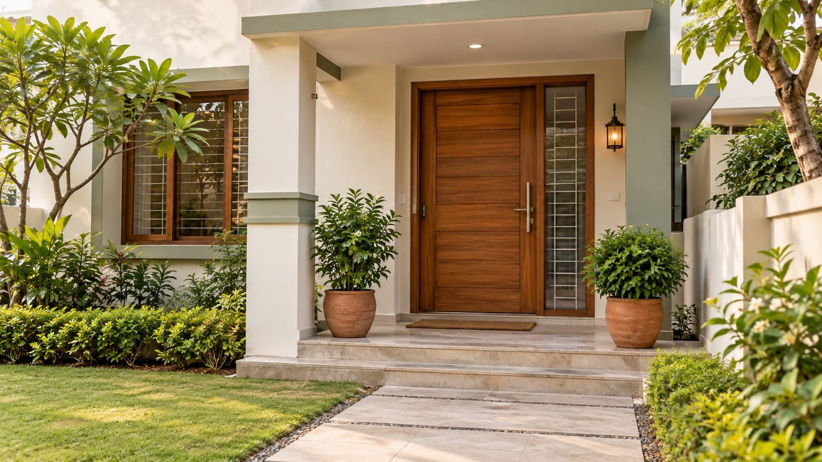 Clean Indian home entrance with a wooden front door, tidy walkway and trimmed greenery, illustrating curb appeal before selling.