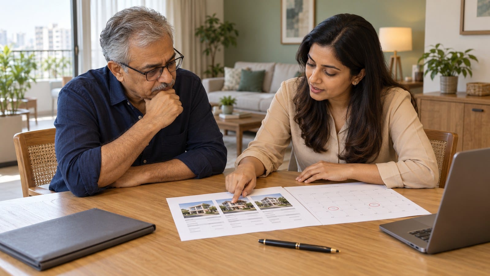Indian homeowner and real estate agent reviewing comparable properties and a calendar to plan home sale pricing and timing.