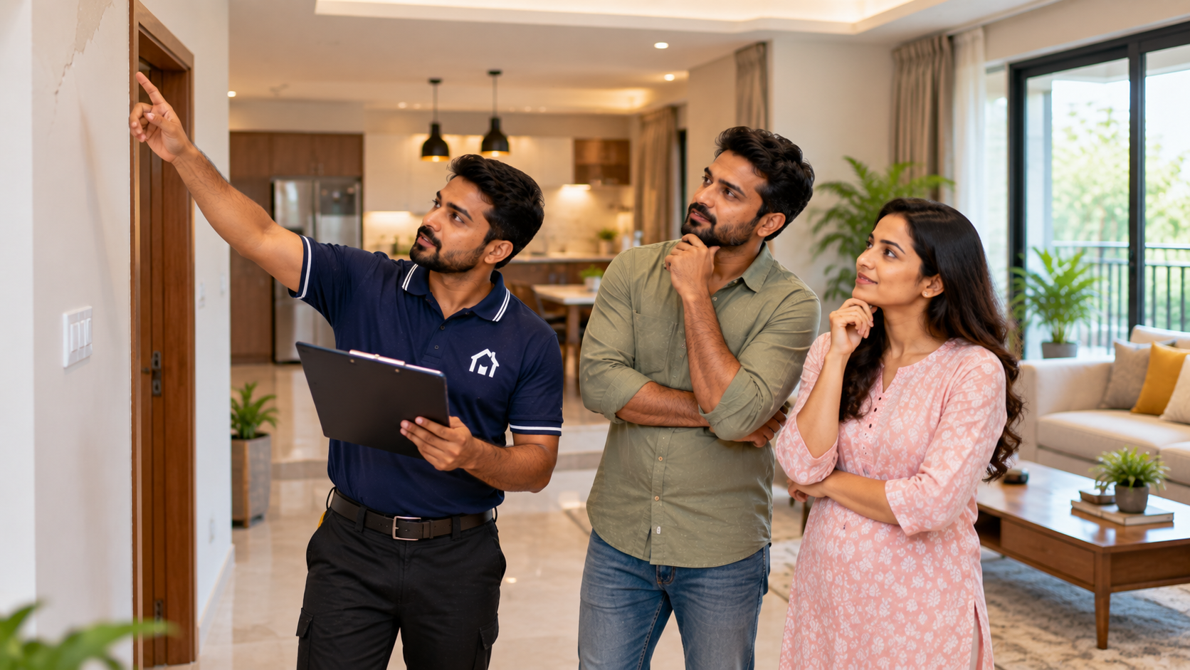 Home inspector reviews visible repairs with Indian homeowners, helping identify issues worth fixing before listing a property for sale.